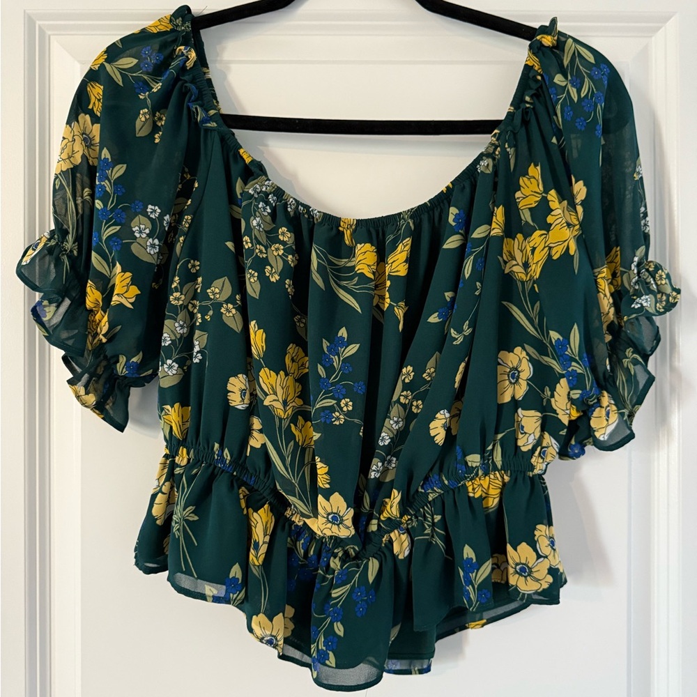 Sugarlips Green Floral Off The Shoulder Blouse with Yellow Accents